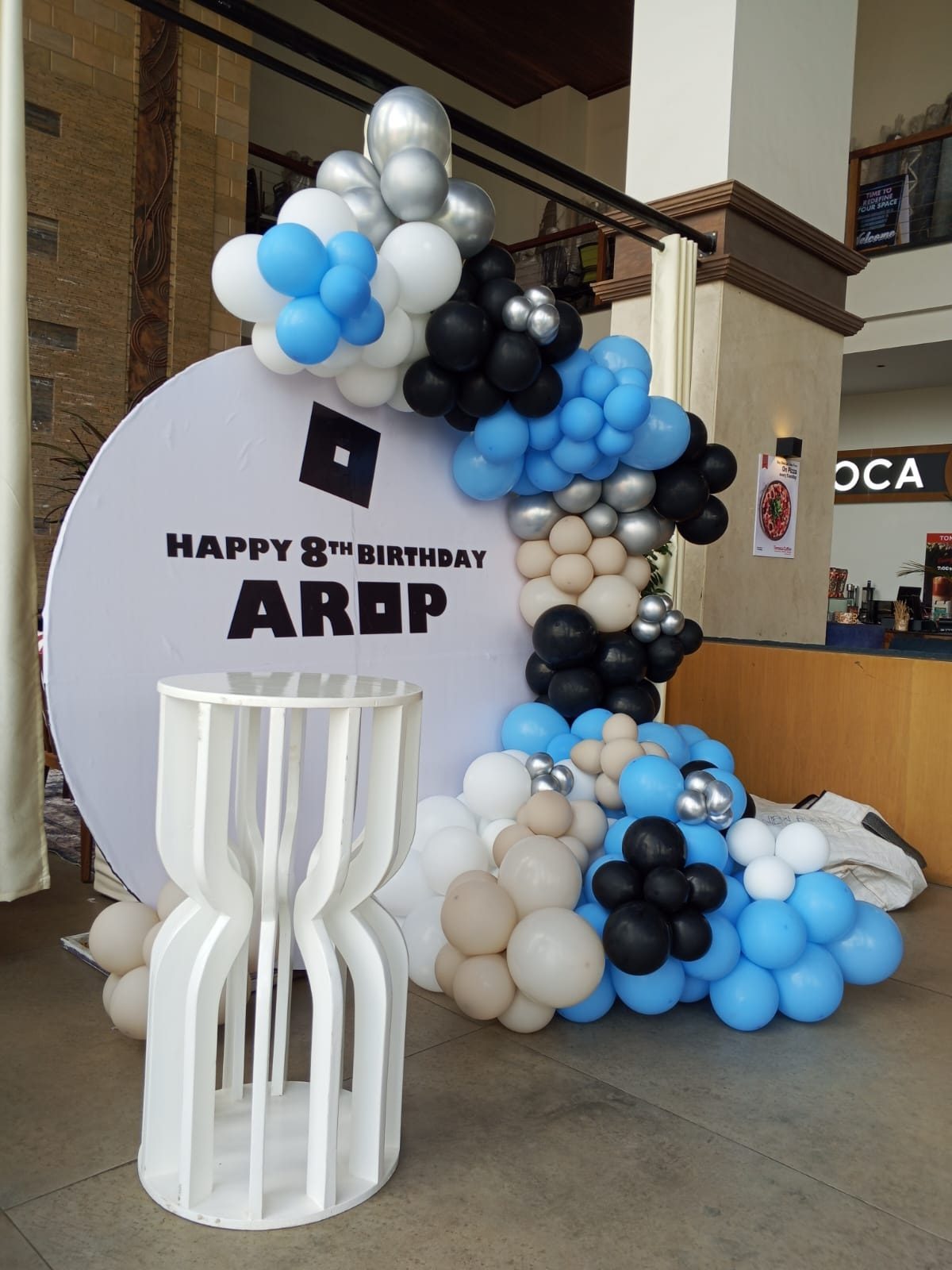 Luxe Round Board Balloon Arch and Pedestal Cake Stand with Themed Balloons Decor for Hire - view 2