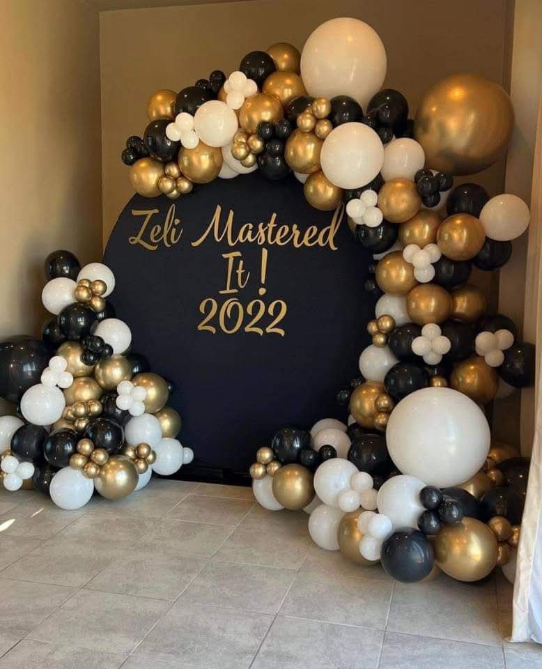 Luxe Round Board Balloon Arch and Pedestal Cake Stand with Themed Balloons Decor for Hire for hire — kids party